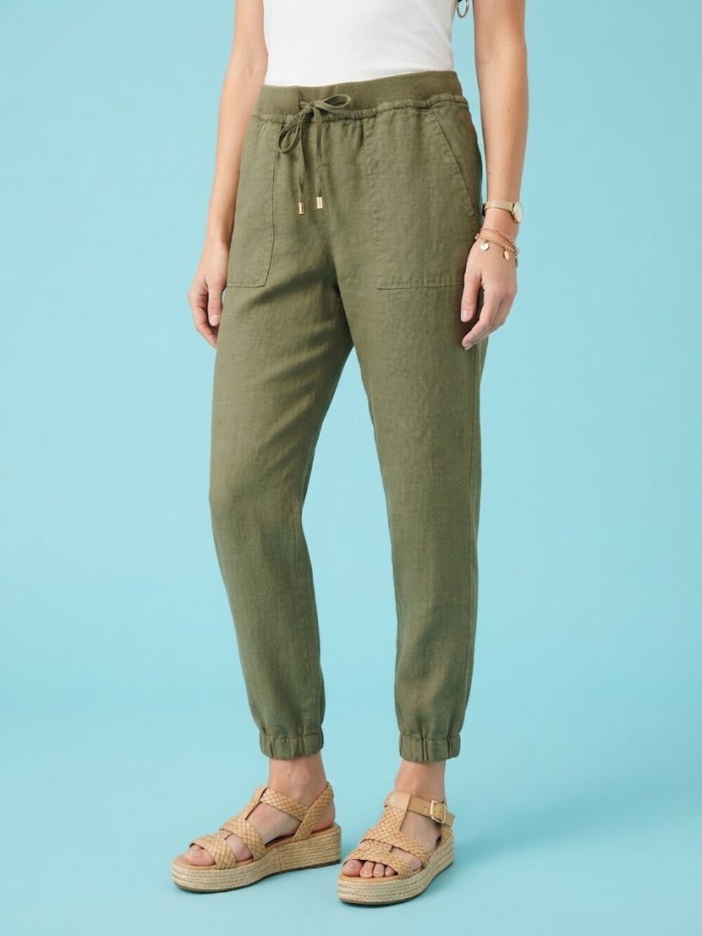 Olive Green Linen-Blend Drawstring Joggers Pants